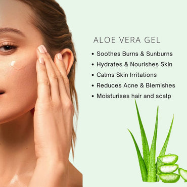 Woman applying aloe vera gel to her skin with text about aloe vera gel's benefits on a light green background.