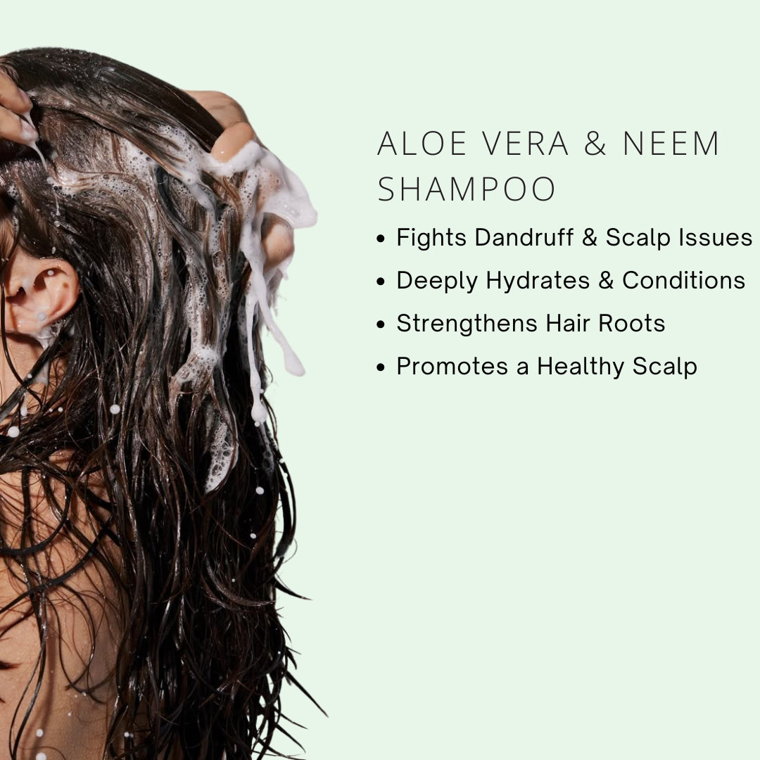 Person washing hair with Aloe Vera & Neem Shampoo on a light green background