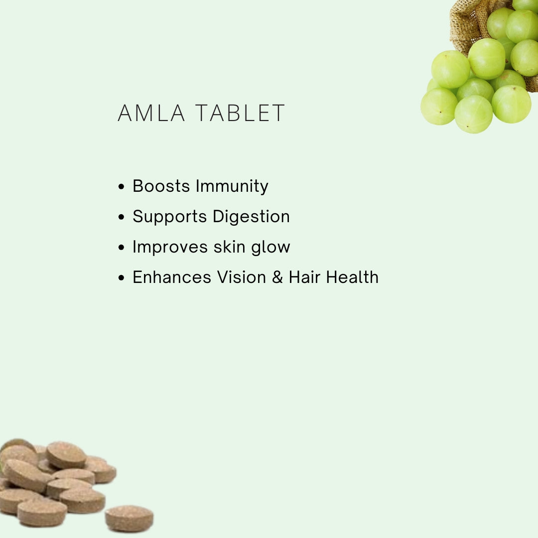 Amla tablets with amla fruits on a light green background