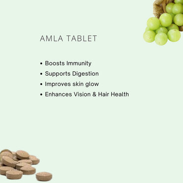 Amla tablets with amla fruits on a light green background