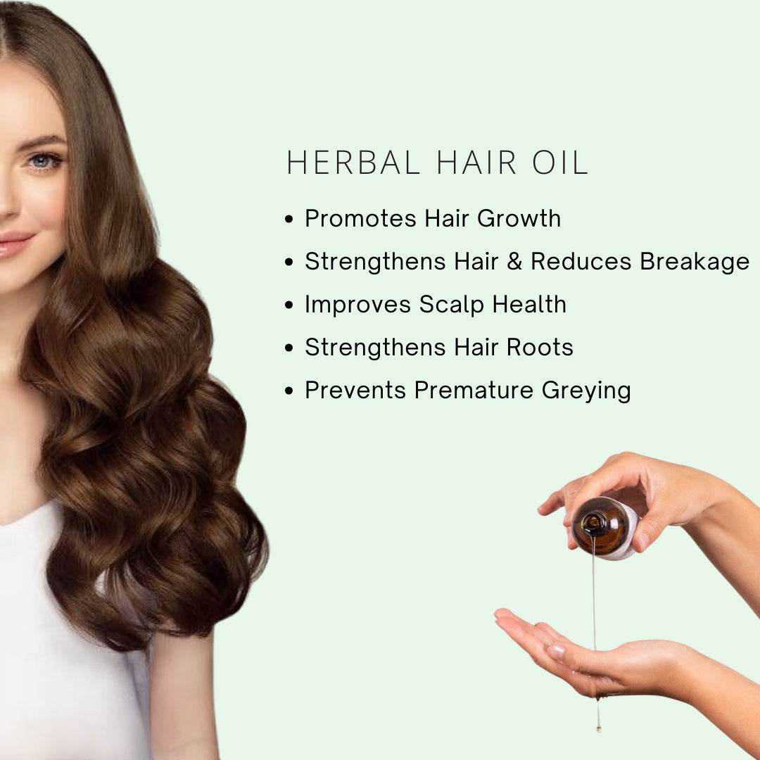 Woman with long, wavy hair holding a bottle of herbal hair oil with text listing benefits on a light green background.