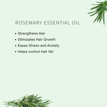 Rosemary essential oil benefits listed on a light green background with rosemary leaves.