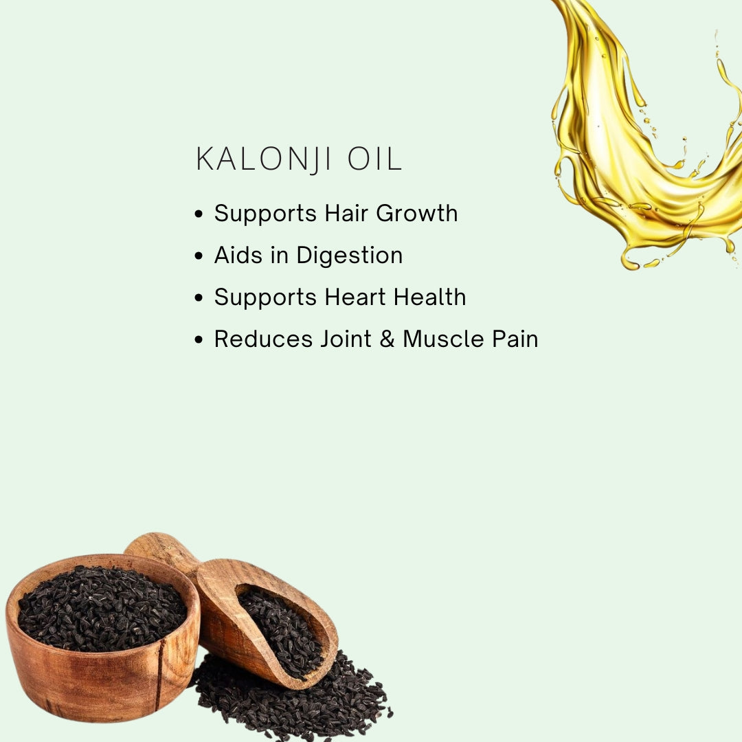 Kalonji seeds in wooden bowls with oil splash and health benefits text on a light green background