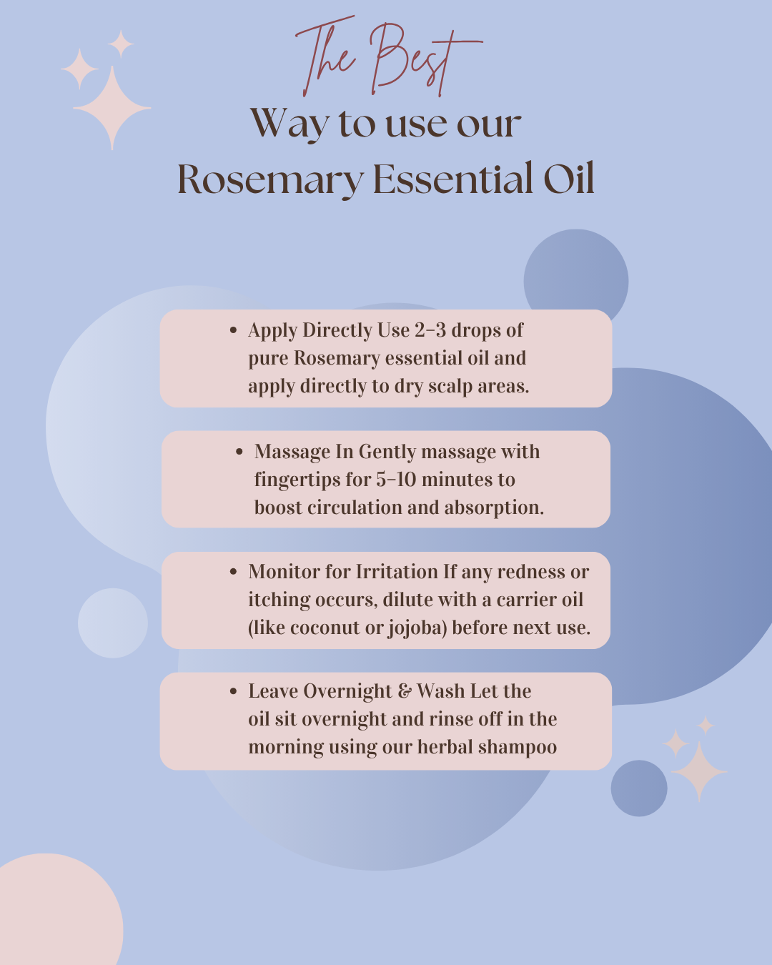 Instructions on using rosemary essential oil for scalp care on a light blue background with decorative elements.