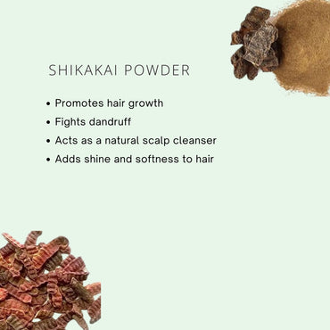 Shikakai powder with text highlighting its benefits on a light green background
