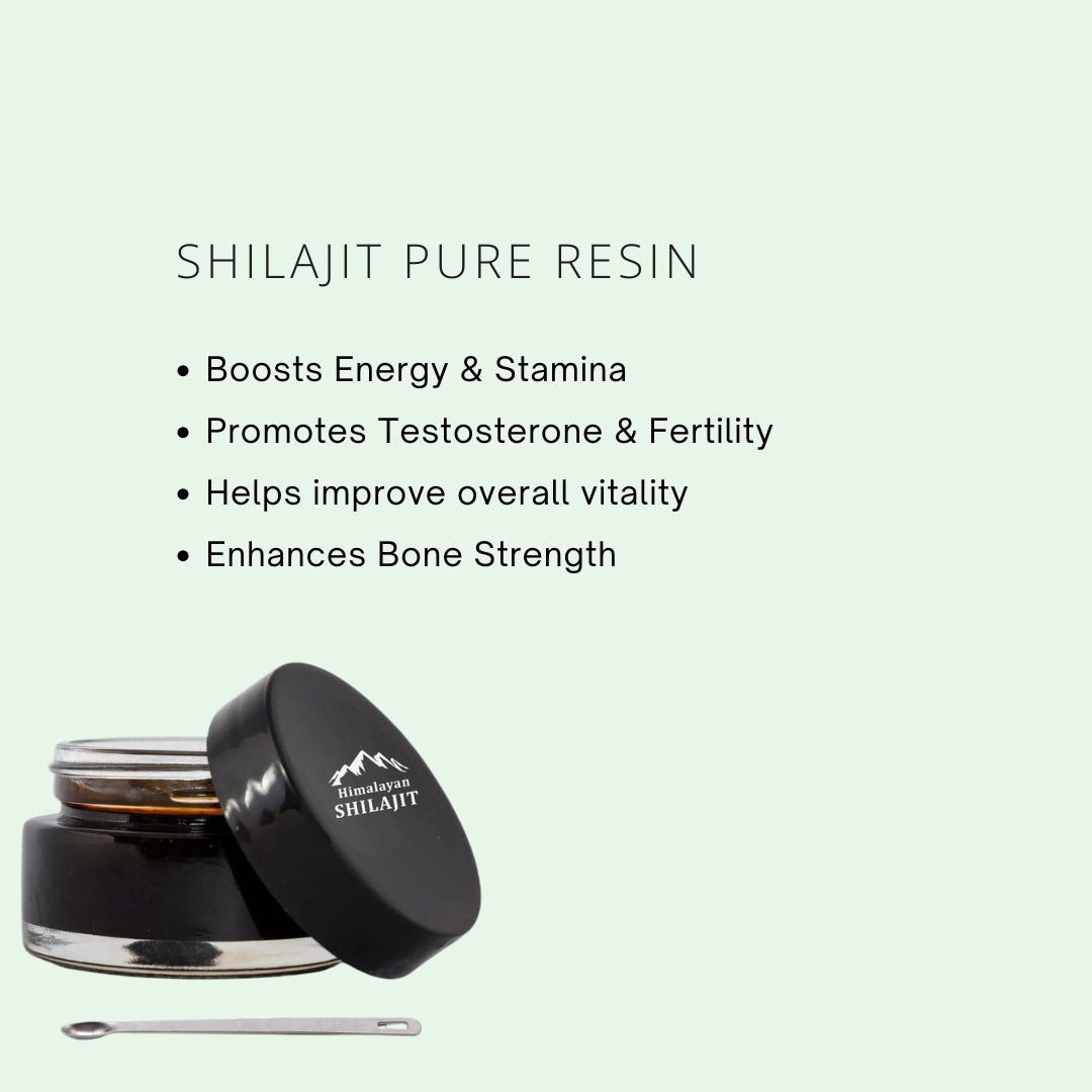 Shilajit pure resin container with benefits listed on a light green background