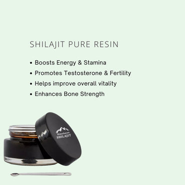 Shilajit pure resin container with benefits listed on a light green background