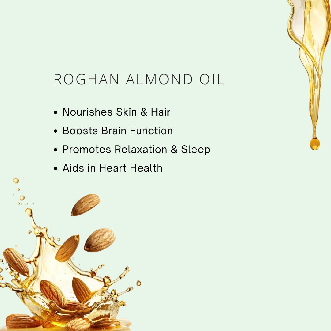 Advertisement for Roghan Almond Oil with droplets and almonds on a light green background