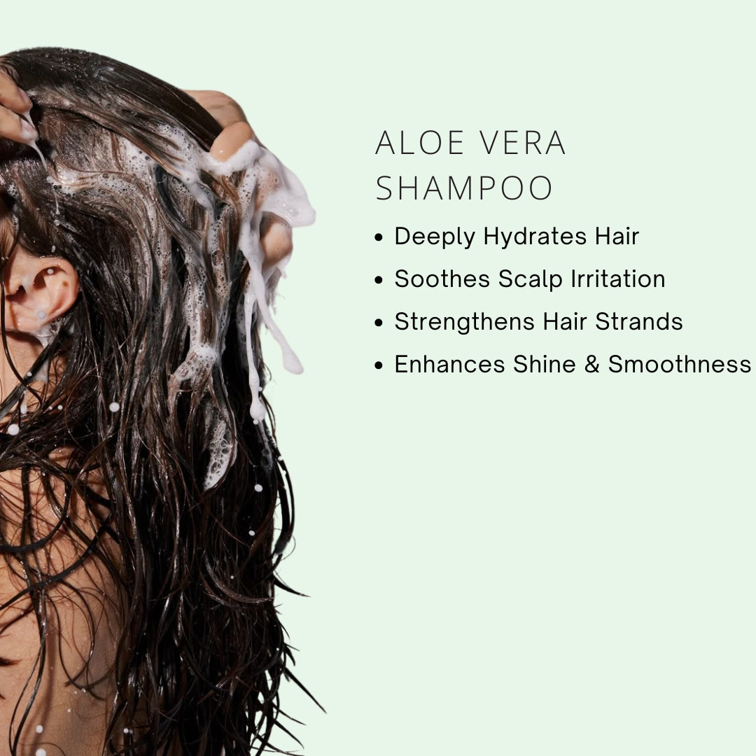 Person washing hair with aloe vera shampoo on a light green background