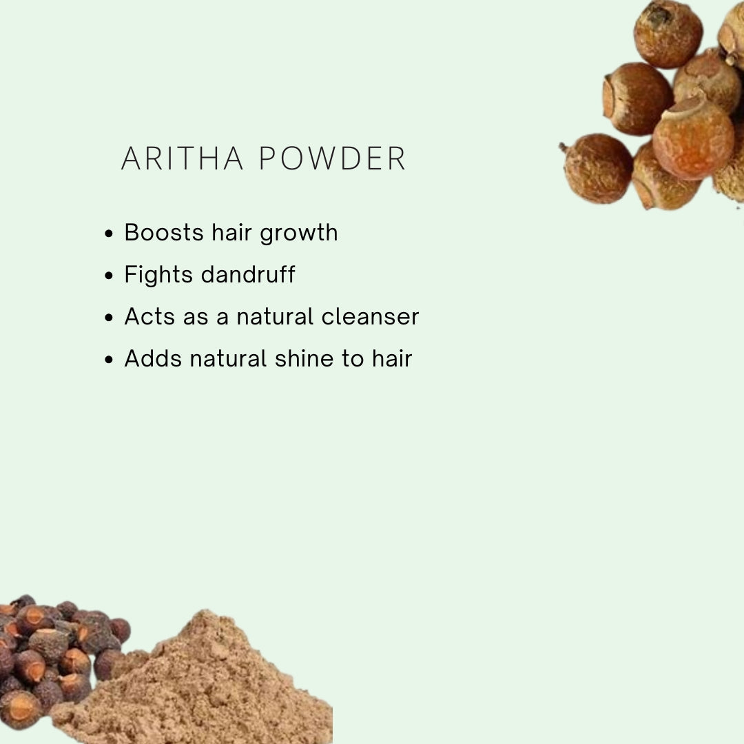 Aritha powder with text highlighting its benefits on a light green background