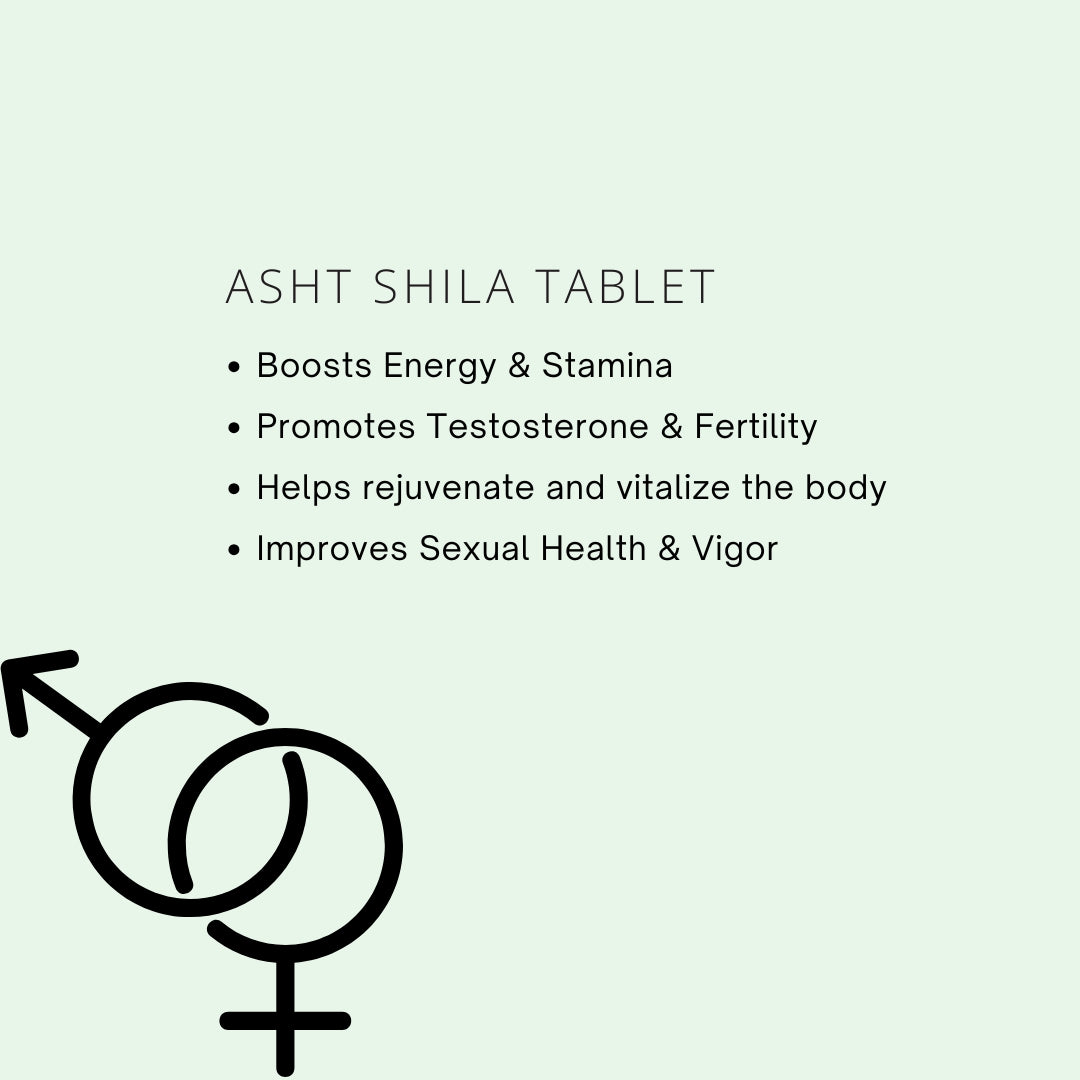 Promotional graphic for ASHT SHILA TABLET with product benefits on a light green background.