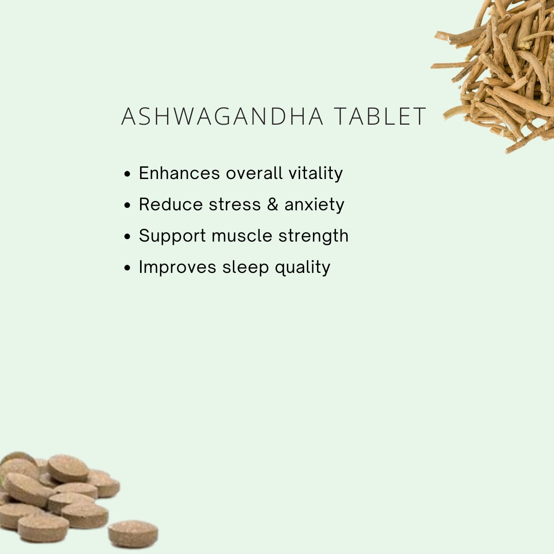 Ashwagandha tablets and roots on a light green background with text about health benefits.