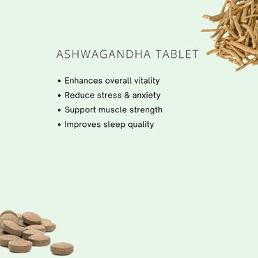 Ashwagandha tablets and roots on a light green background with text about health benefits.