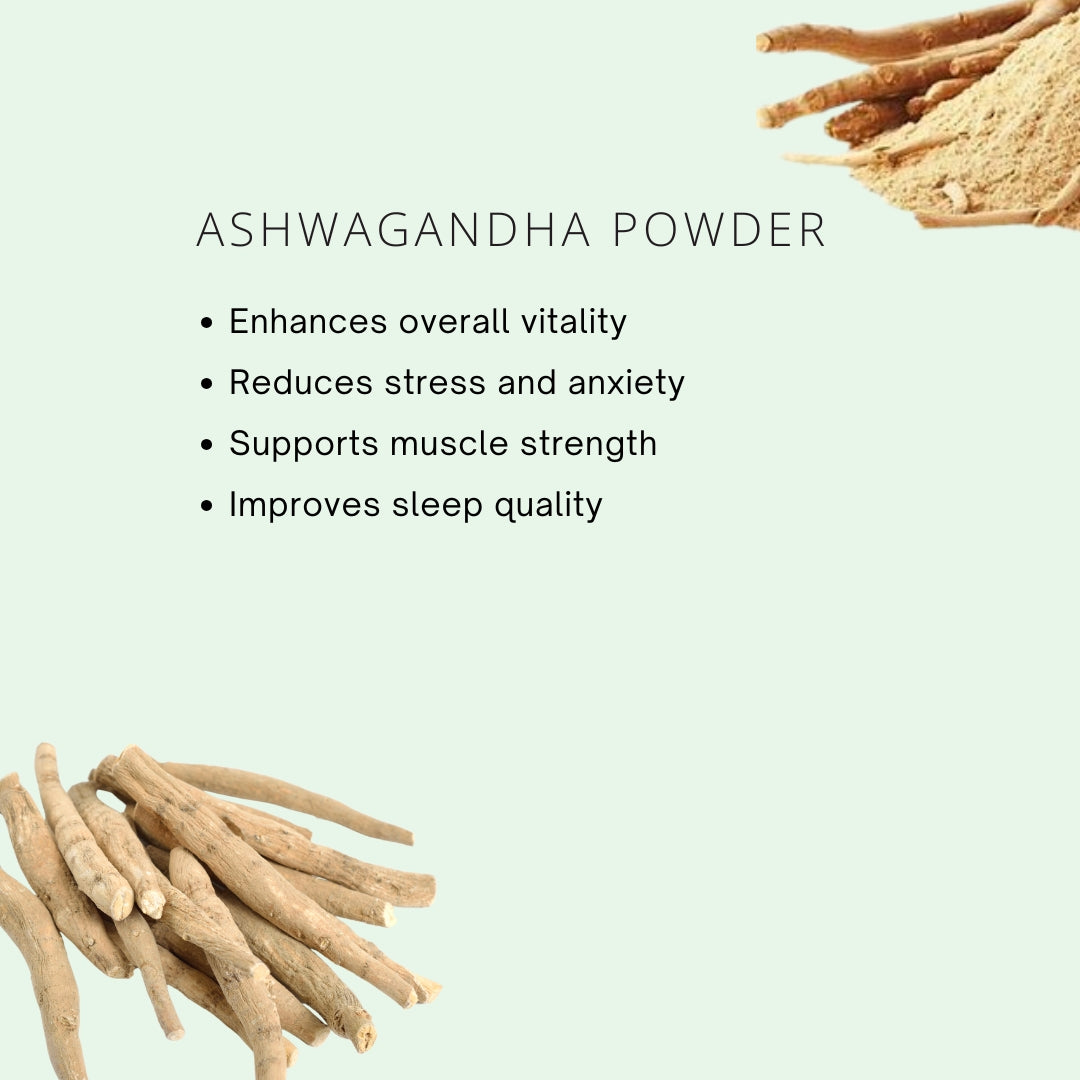 Ashwagandha powder with roots on a light green background