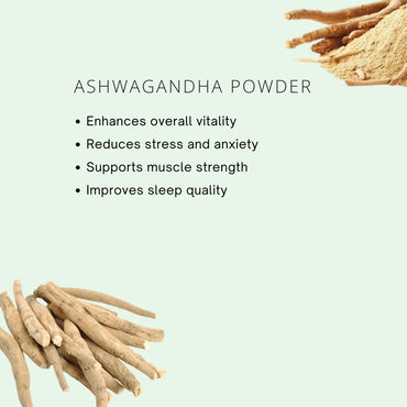 Ashwagandha powder with roots on a light green background