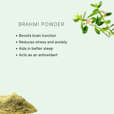 Brahmi powder with text highlighting its benefits on a light green background