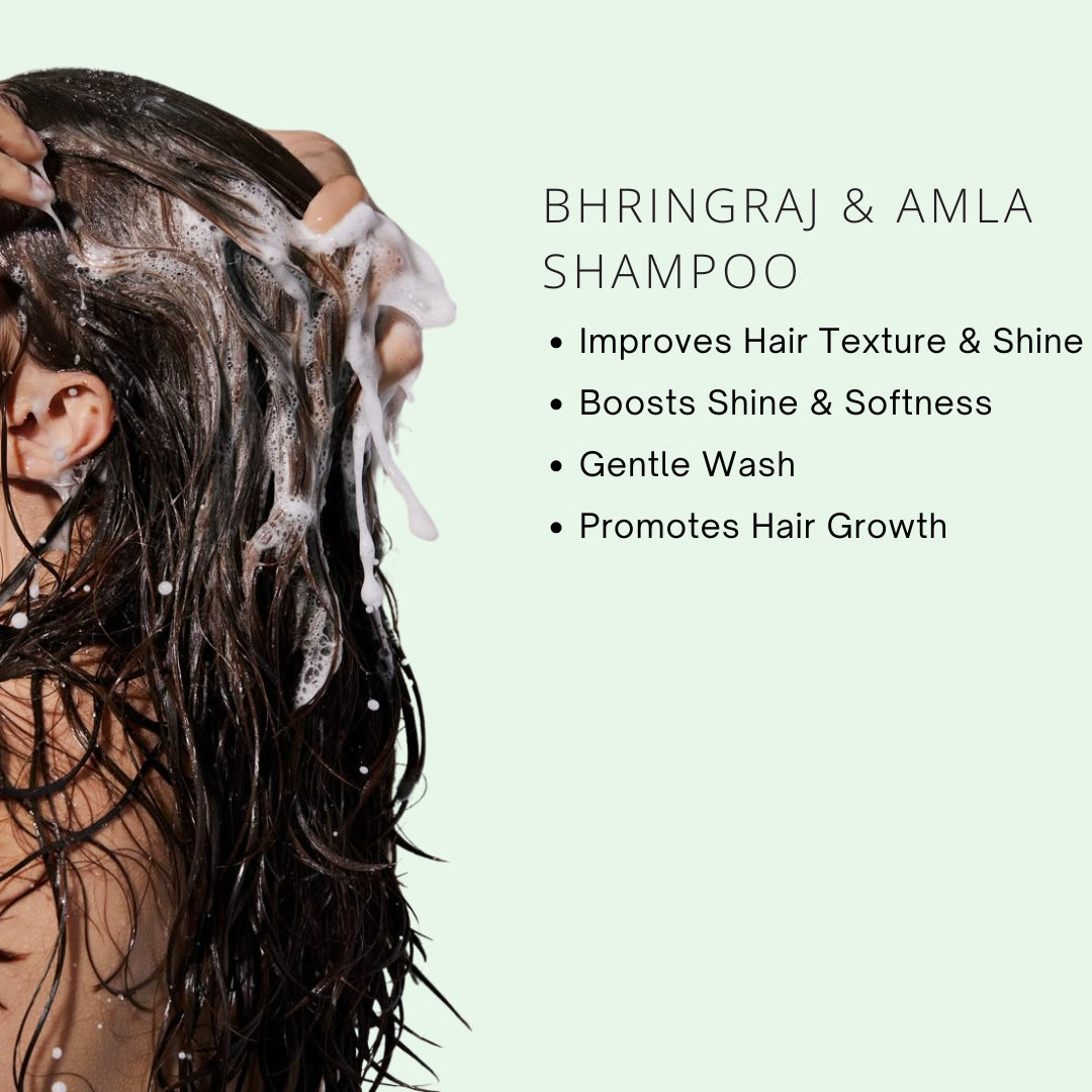Person washing hair with Bhringraj & Amla shampoo, showing product benefits on a light green background.