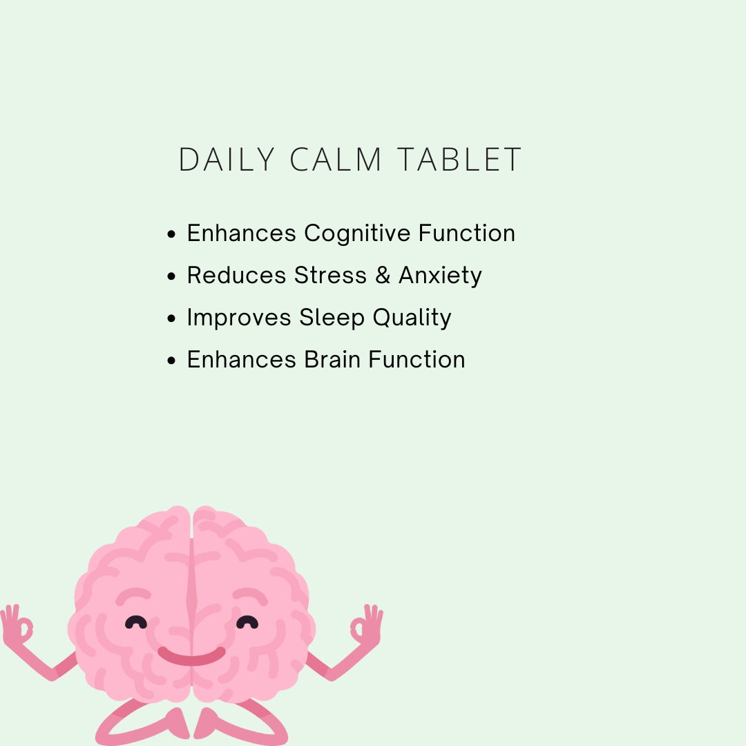 Illustration of a brain character with text about daily calm tablet benefits on a light green background