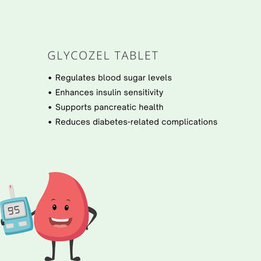 Glycozel tablet with cartoon blood drop holding a glucose meter on a light green background