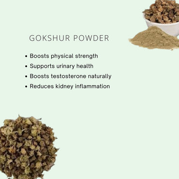 Gokshur powder with text highlighting its benefits on a light green background