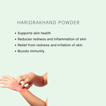 Haridrakhand powder benefits on a light green background