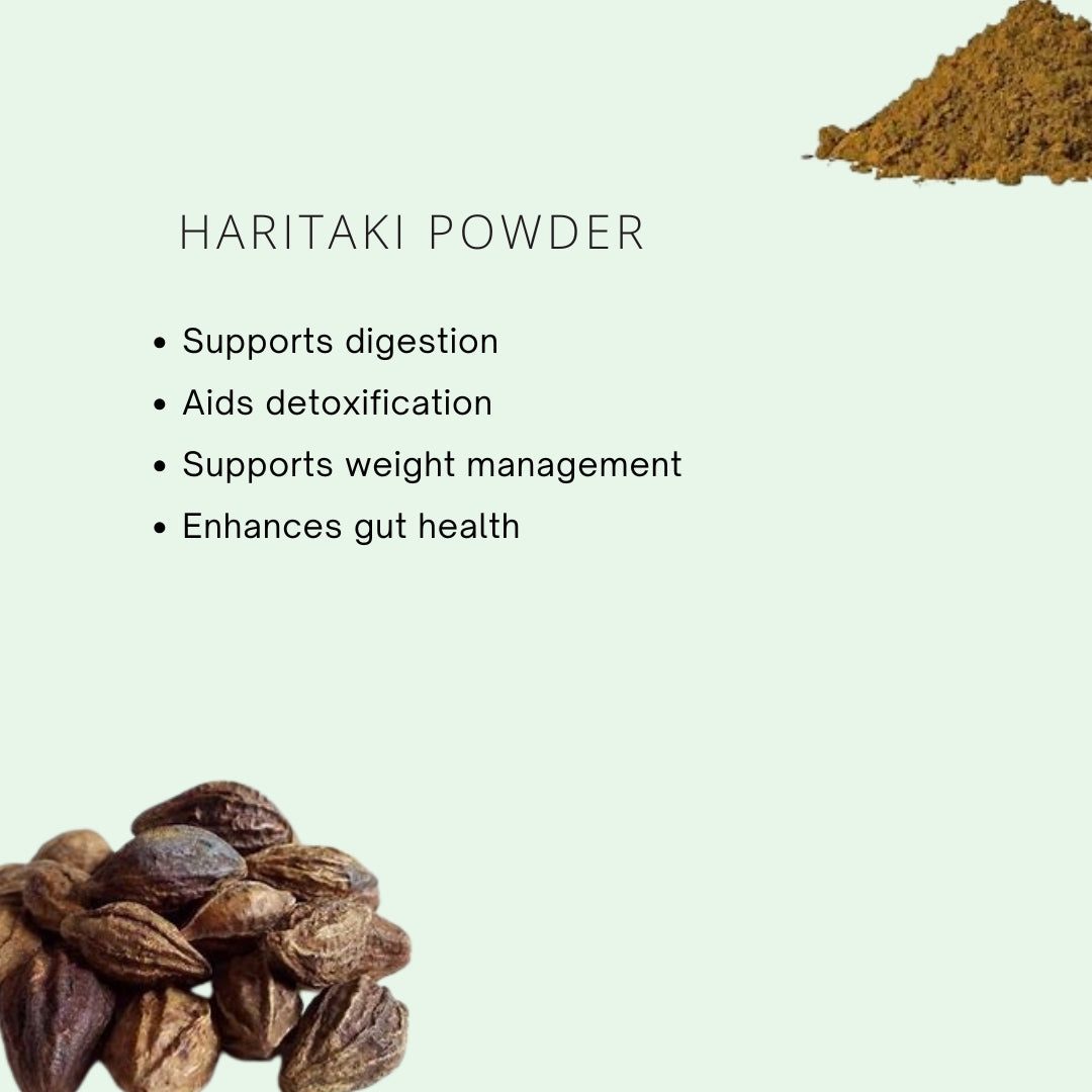 Haritaki powder with seeds and a pile of powder on a light green background