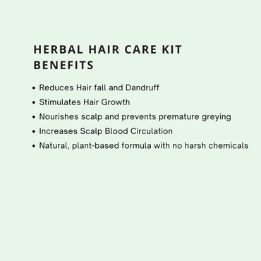 Text listing benefits of an herbal hair care kit on a light gray background