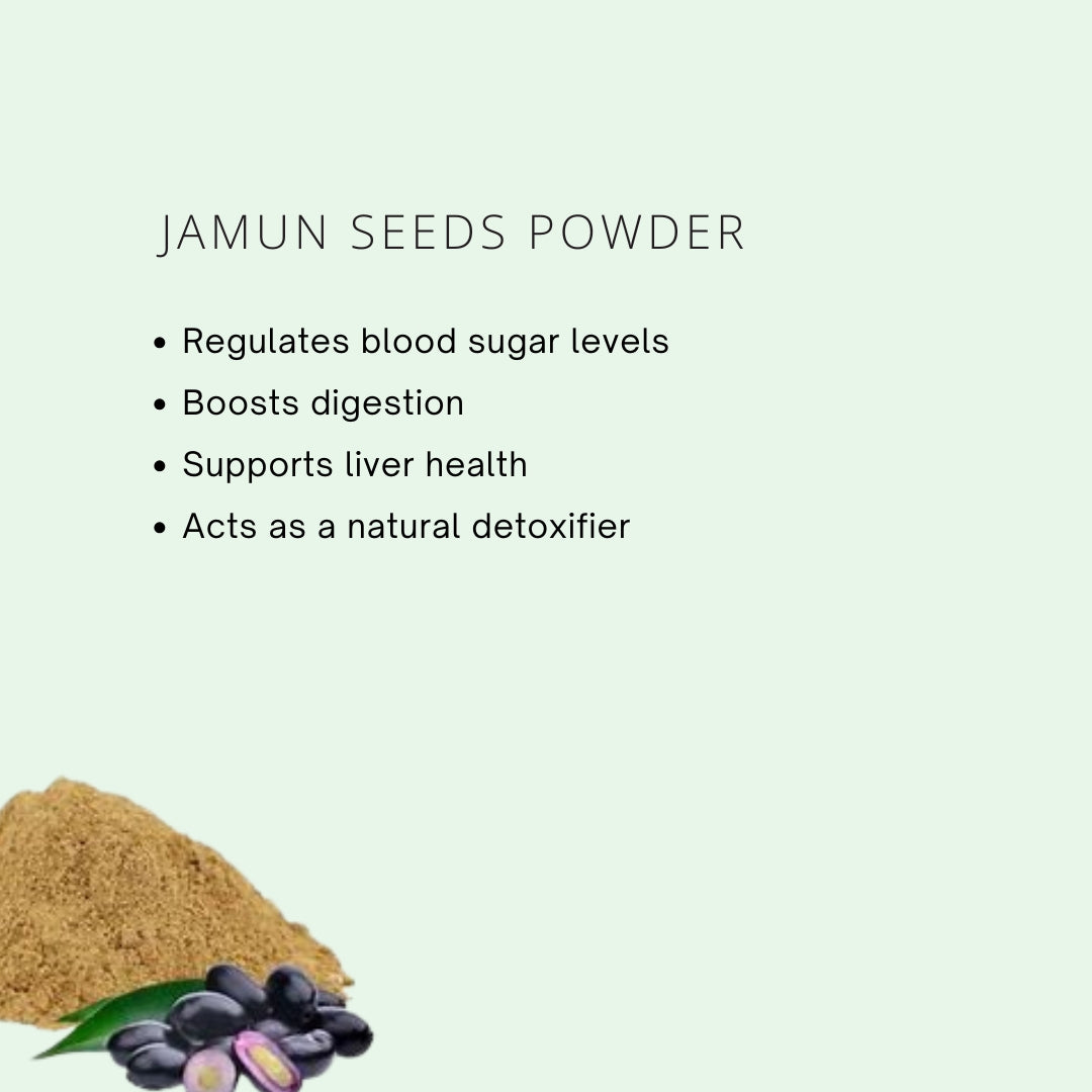 Jamun seeds powder with text on a light green background