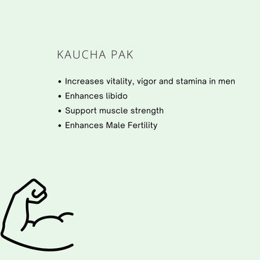 Advertisement for Kaucha Pak with text about its benefits on a light green background.