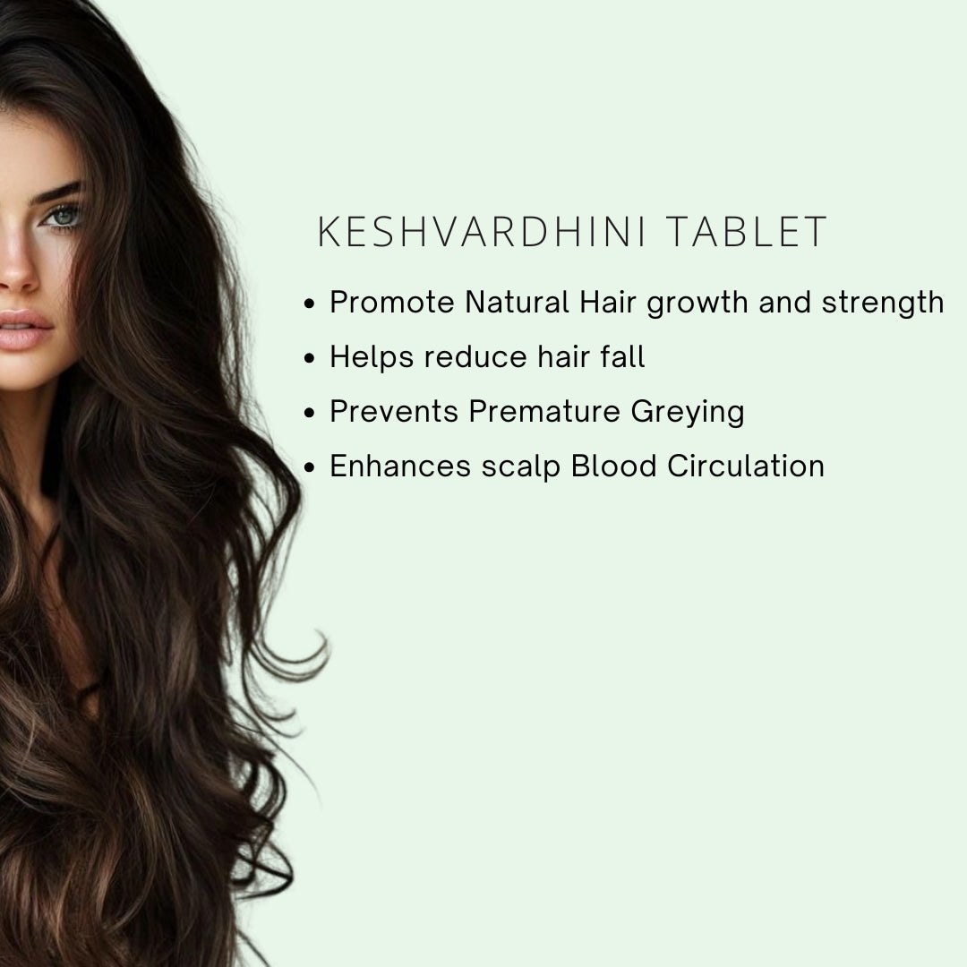 Woman with long, healthy hair next to text about Keshvardhini tablet benefits on a light green background