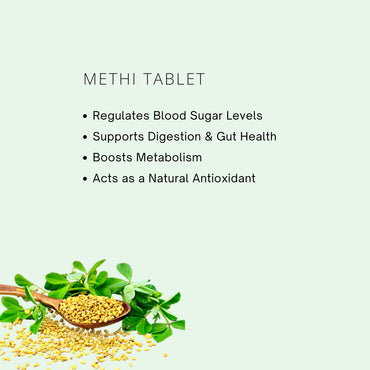 Methi tablet with text highlighting its health benefits on a light green background