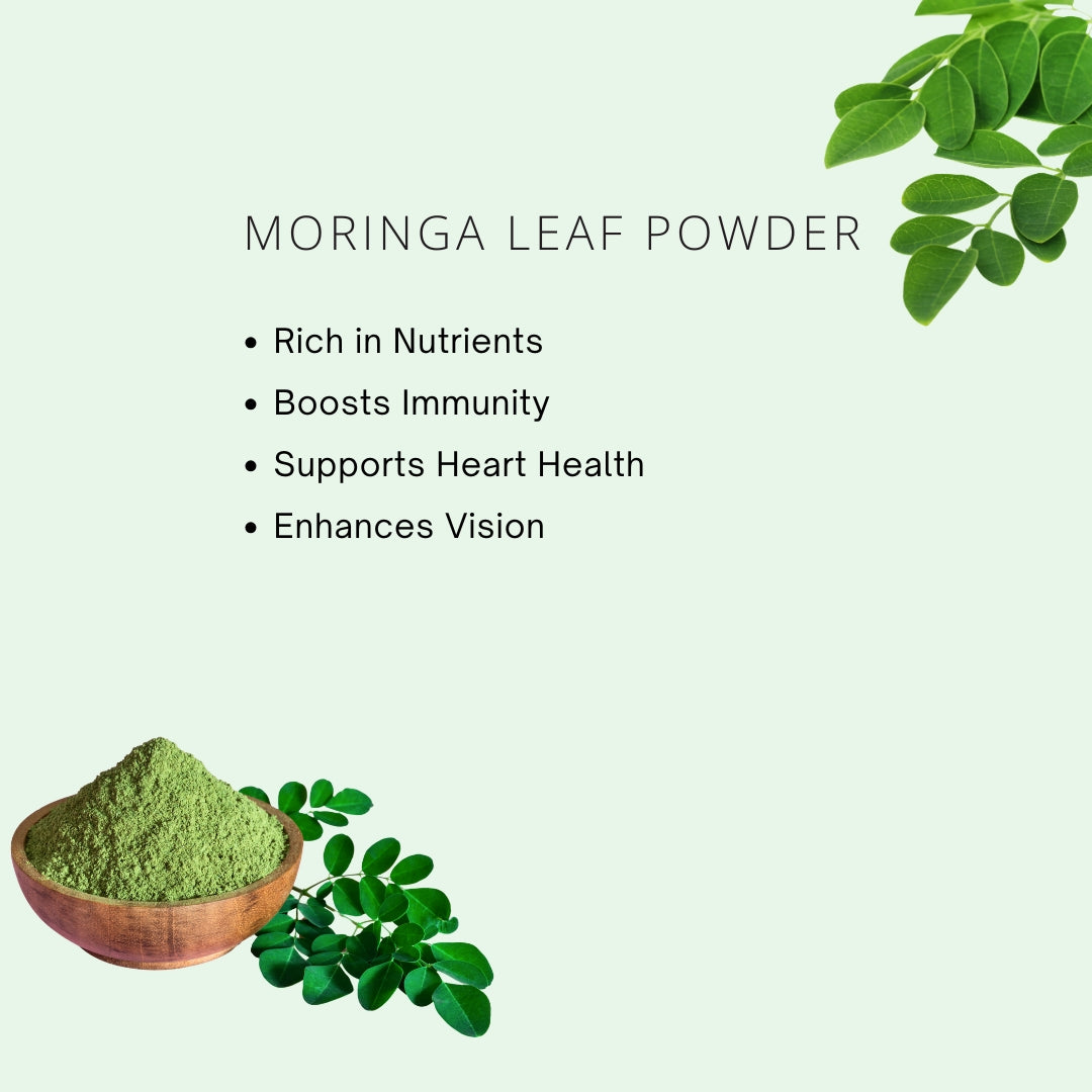 Moringa leaf powder with text on a light green background