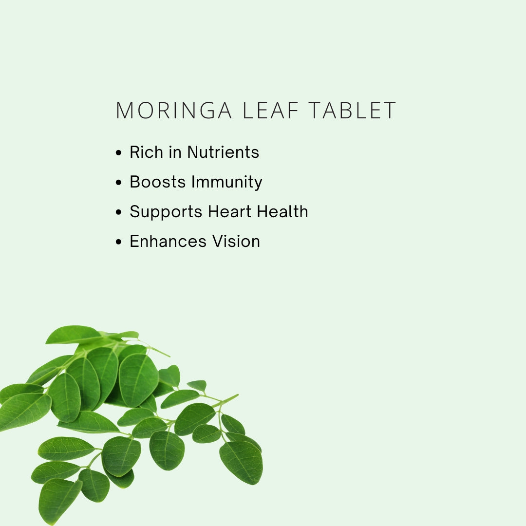 Moringa leaf tablet with text on a light green background