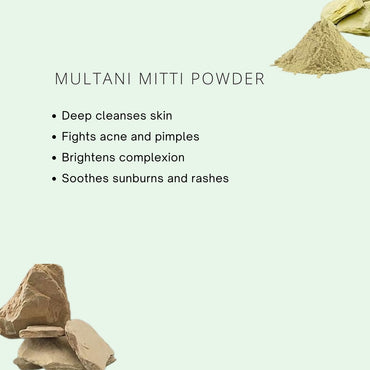 Multani Mitti powder with text highlighting its benefits on a light green background