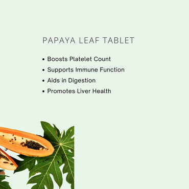 Papaya leaf tablet with text on a light green background