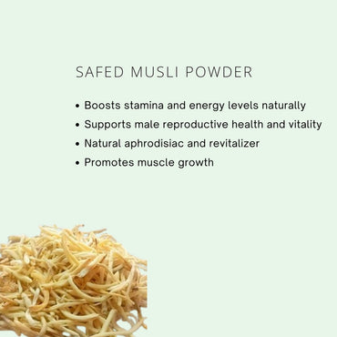 safed musli powder with text on a light green background