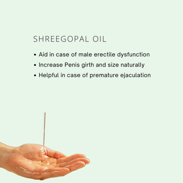Hand holding a small amount of oil with text about Shreegopal Oil on a light green background