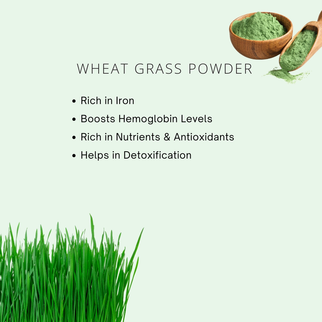 Wheat grass powder with text on a light green background