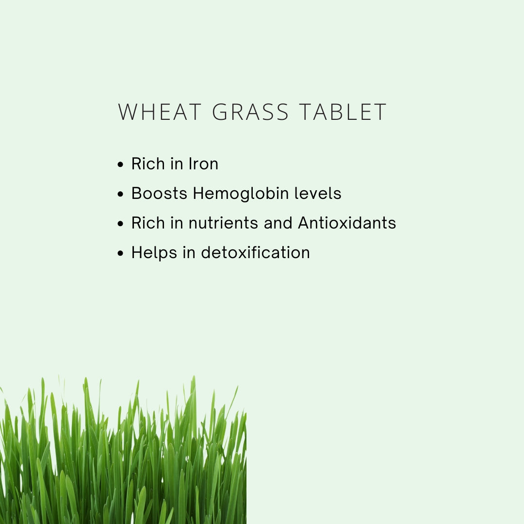 Wheat grass with text about wheat grass tablet benefits on a light green background