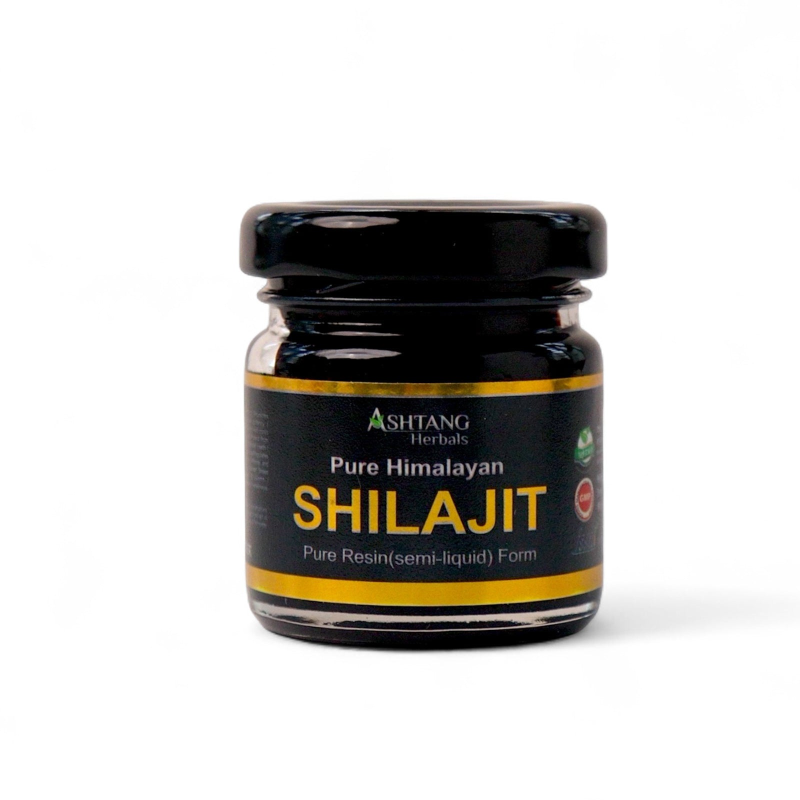 Jar of Shilajit with black lid on a white background