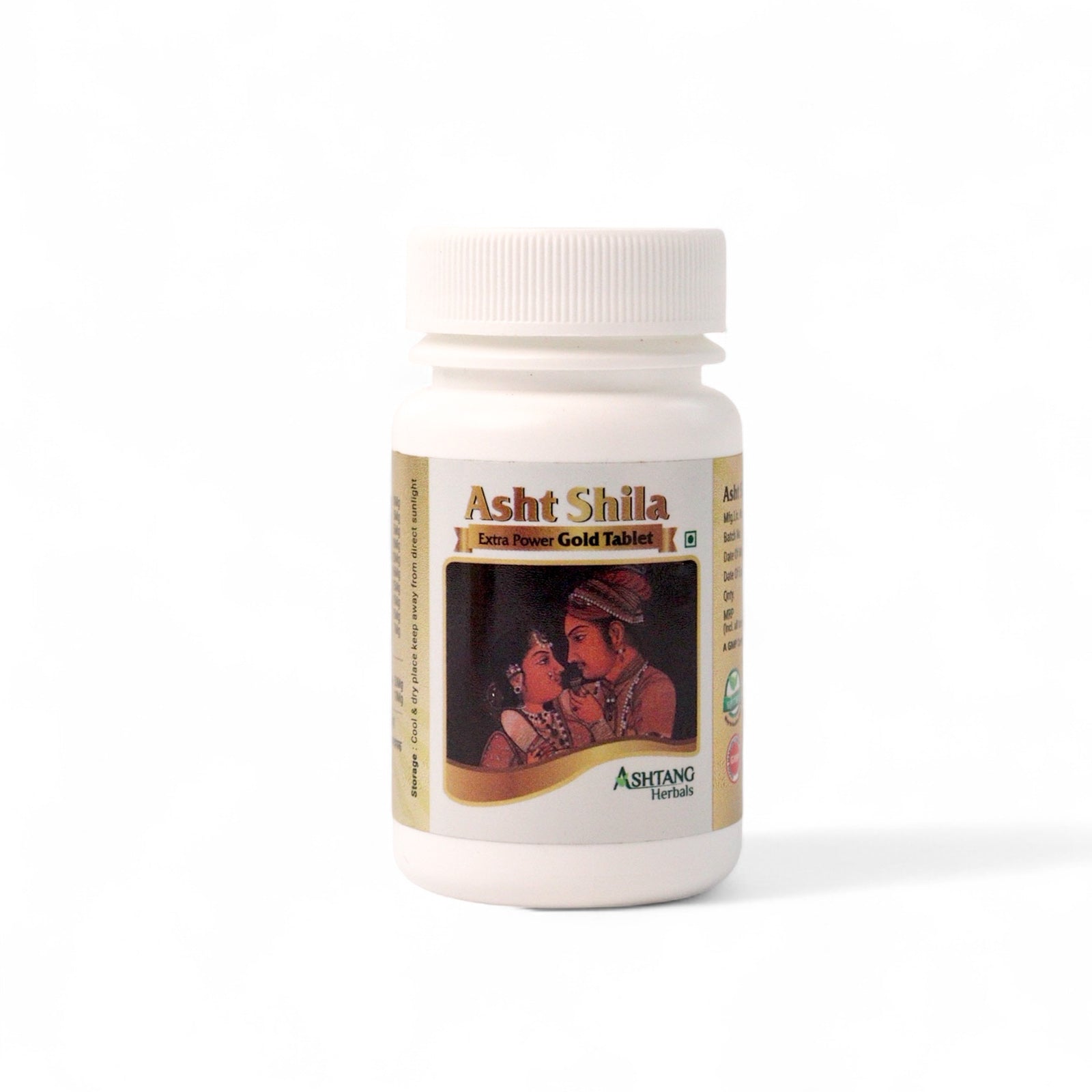 White bottle of Asht Shila with a label featuring an illustration on a white background