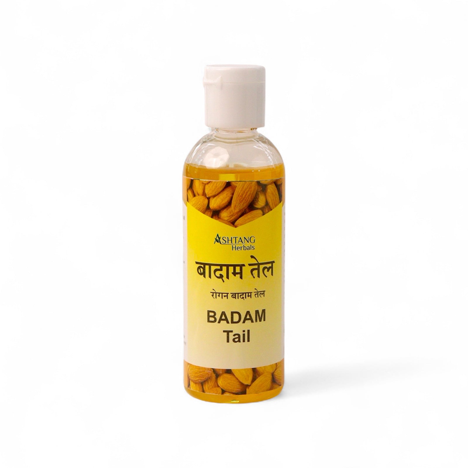 Bottle of Ashtang Herbals Badam Tail (Almond Oil) on a white background