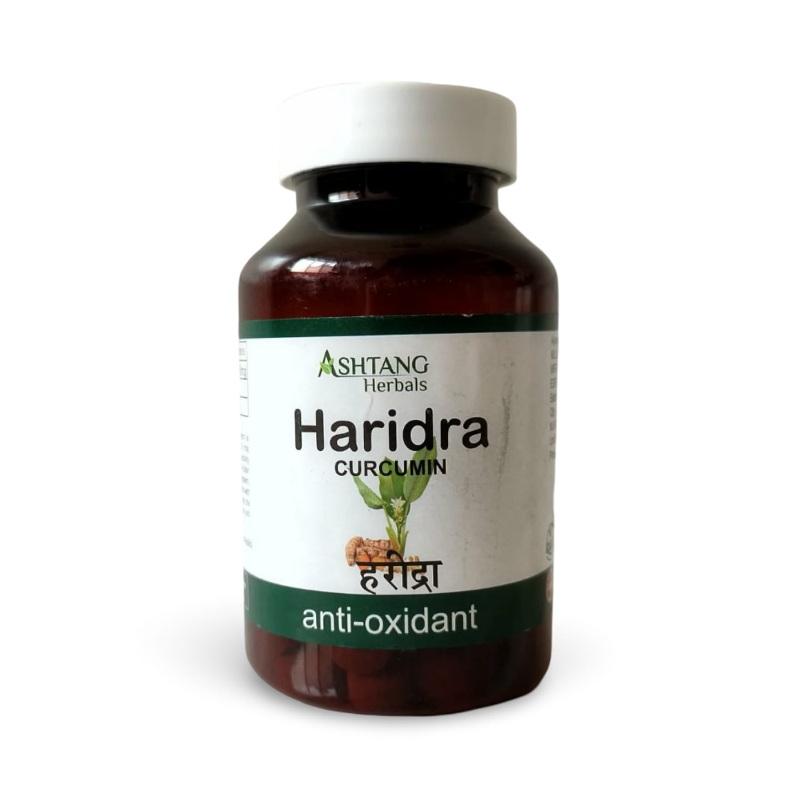 Bottle of Ashtang Herbals Haridra Curcumin on a white background