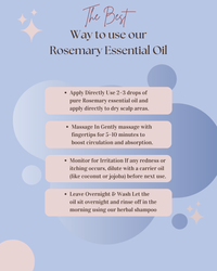 Instructions on using rosemary essential oil for scalp care on a light blue background with decorative elements.