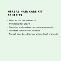Text listing benefits of an herbal hair care kit on a light gray background